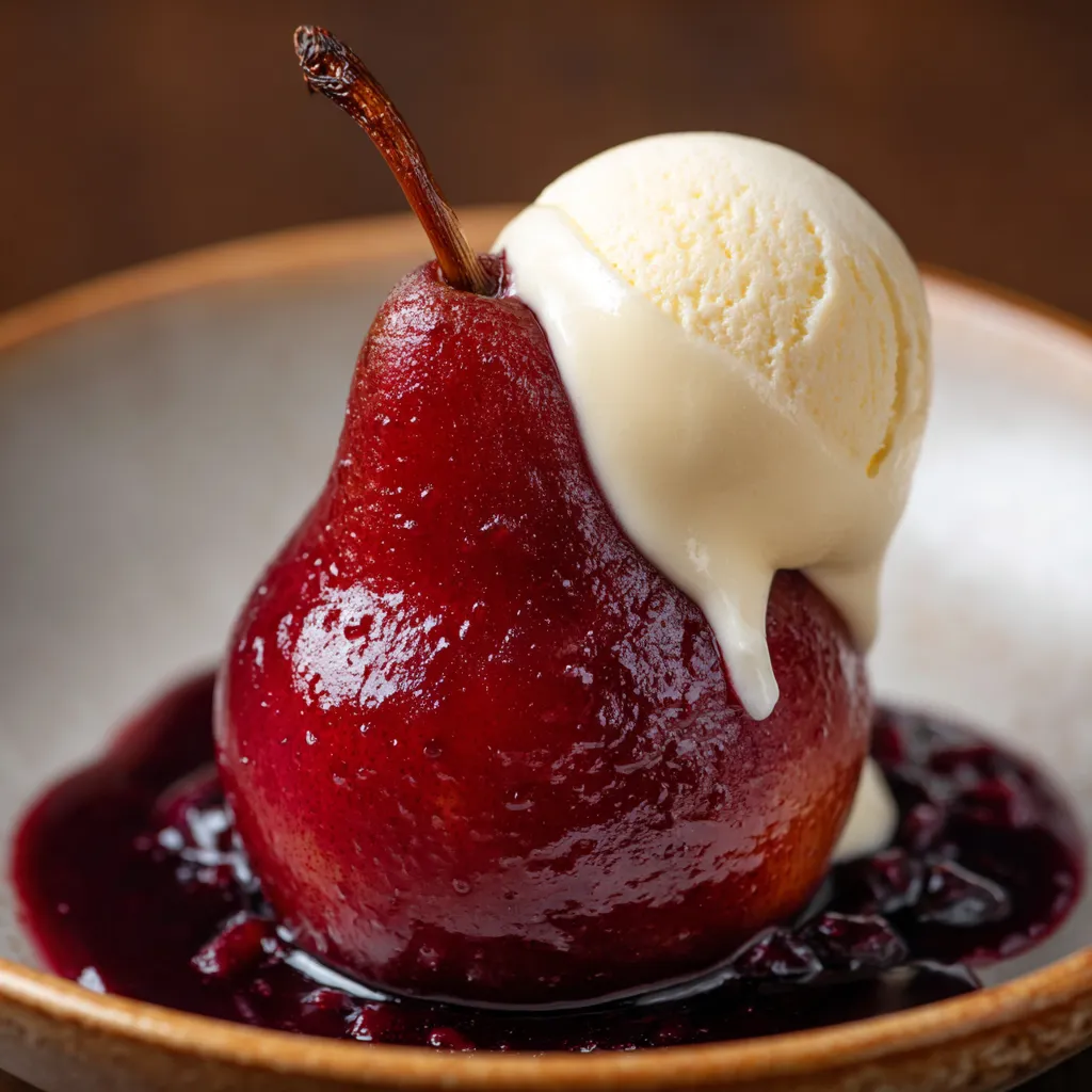 Une poire pochée au vin épicé et espuma vanille légère.