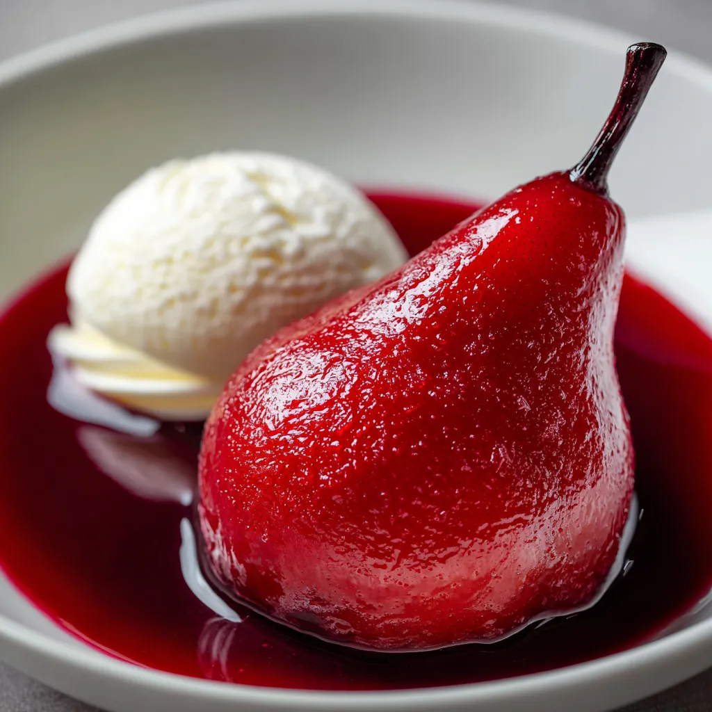 Une poire rouge est dans un bol de sauce rouge.