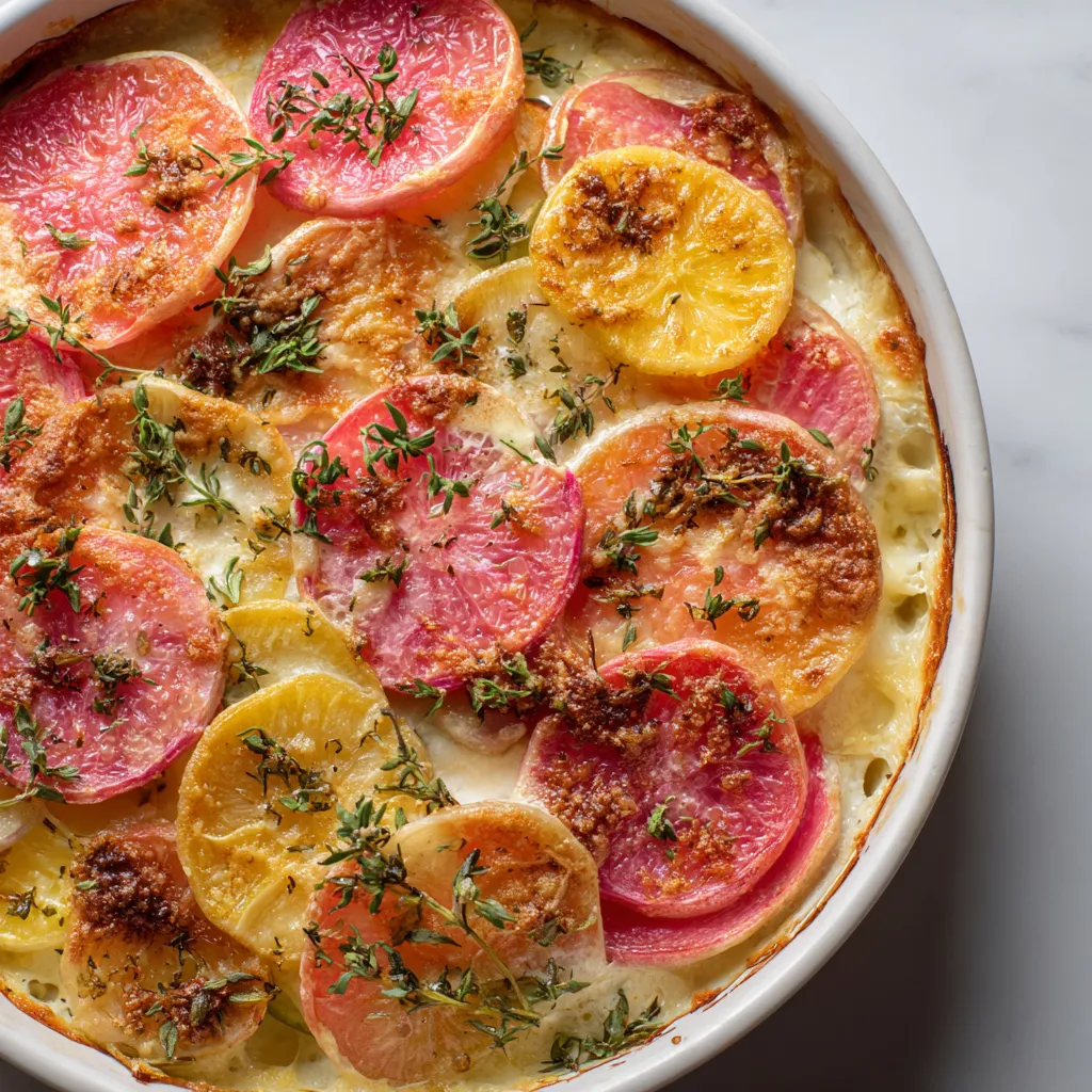 Une casserole de pommes de terre et de légumes colorés.
