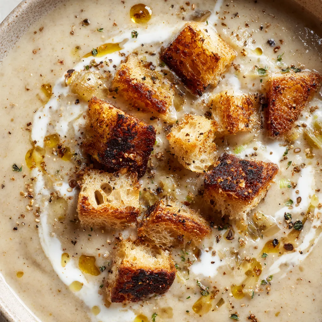 Une soupe d'endive, pomme et pain d'épices est servie dans un bol.