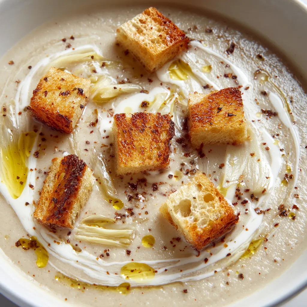 Une soupe chaude avec des croutons de pain et des tranches de pain grillé.