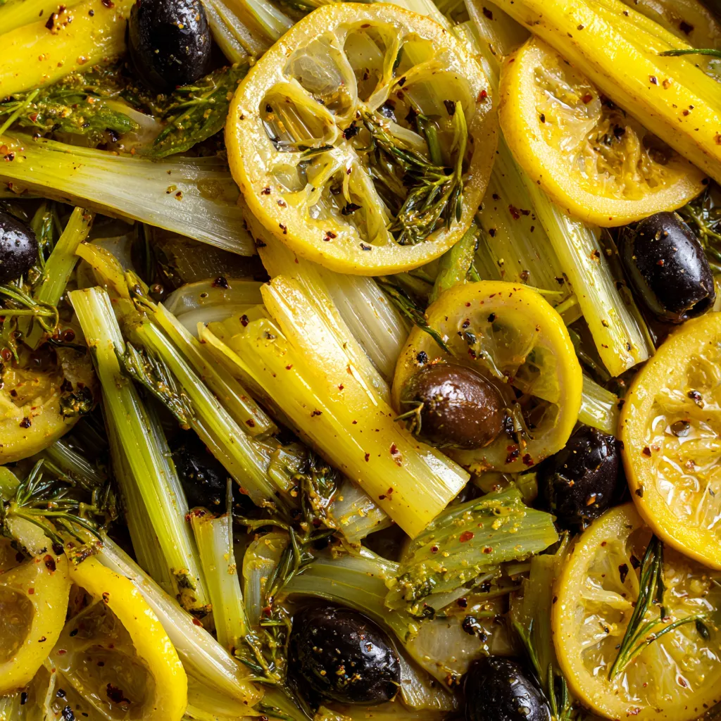 Une salade de légumes, y compris des poireaux, des olives noires et des citrons, est servie sur une assiette.