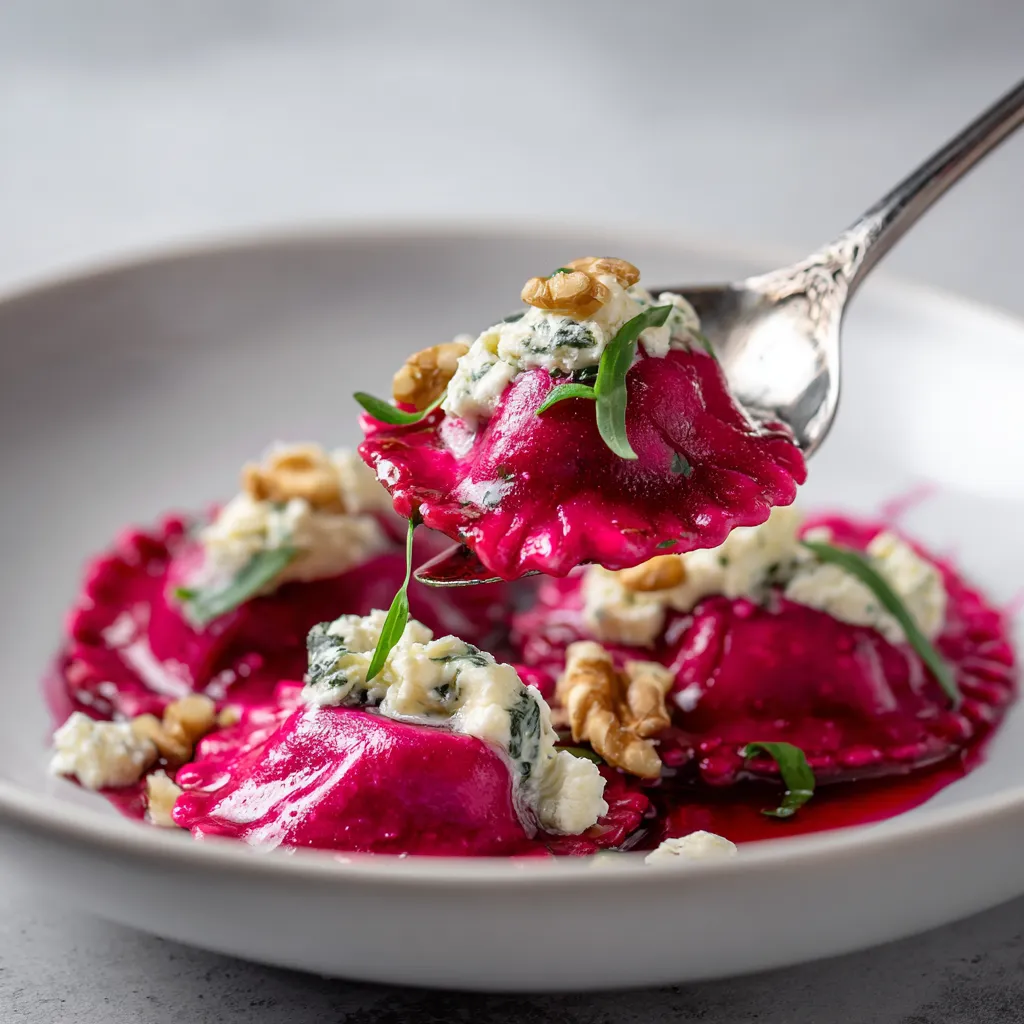 Une assiette de ravioles de betterave au chèvre et noix.