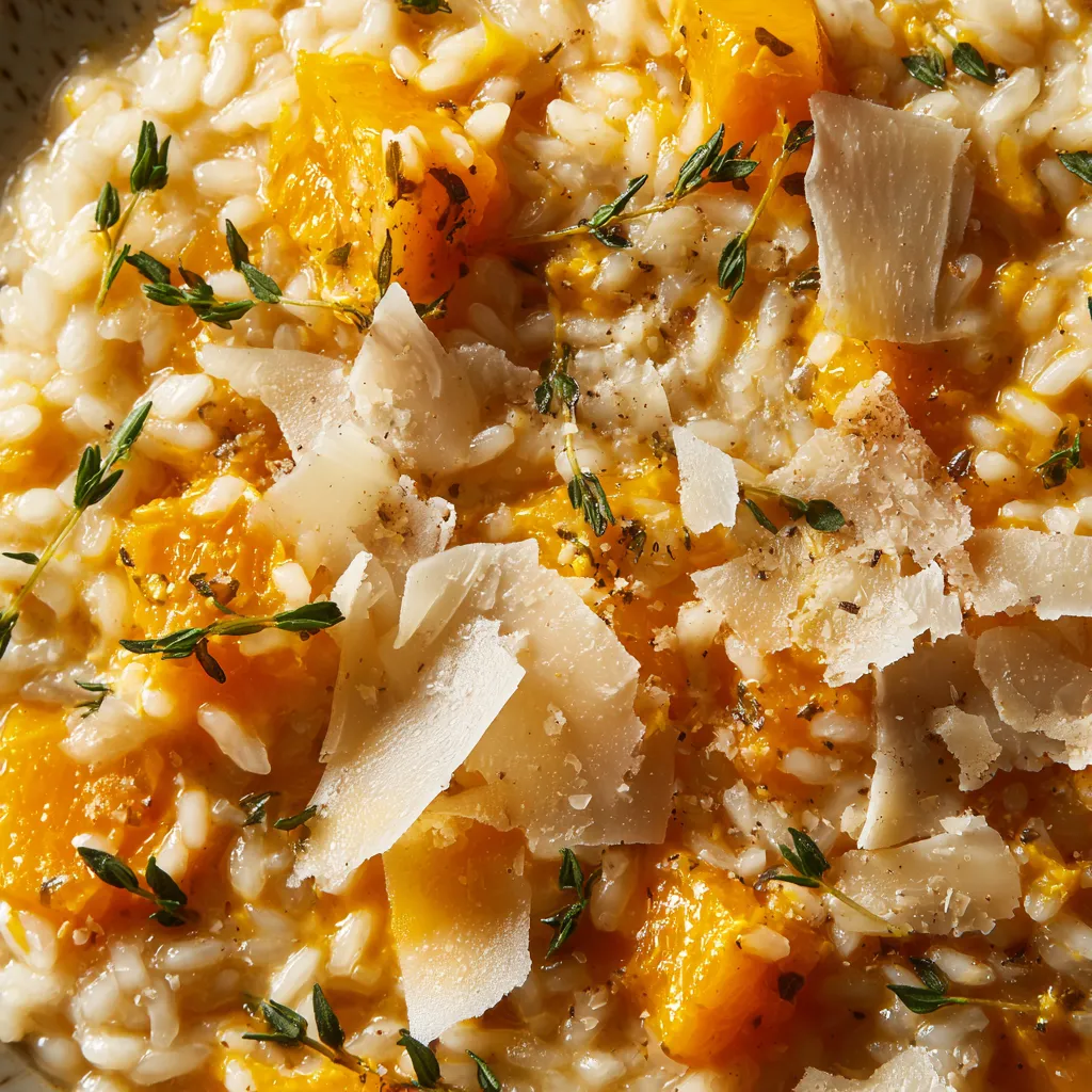 Une assiette de risotto de potimarron avec des copeaux d'Ossau-Iraty et du thym citronné.