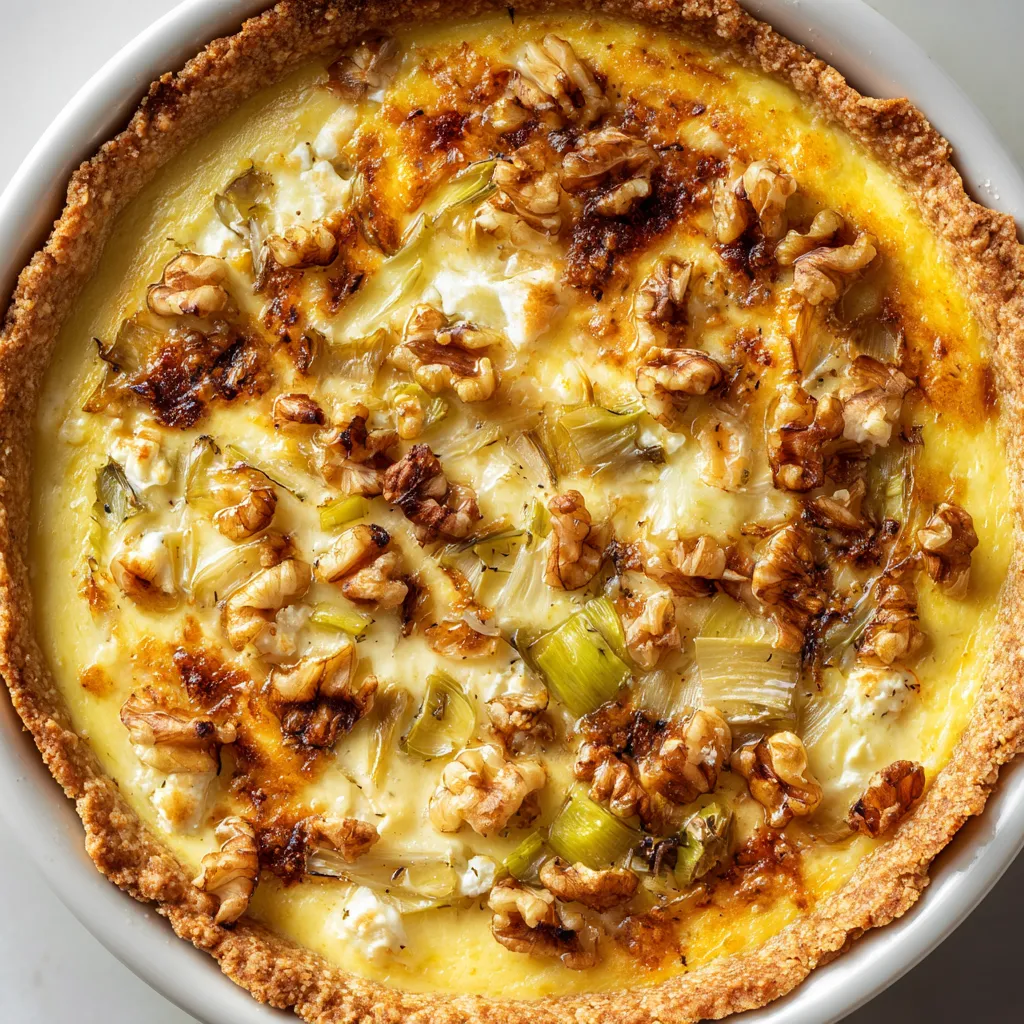 Une tarte aux noix et au fromage, avec des noix et des herbes vertes.