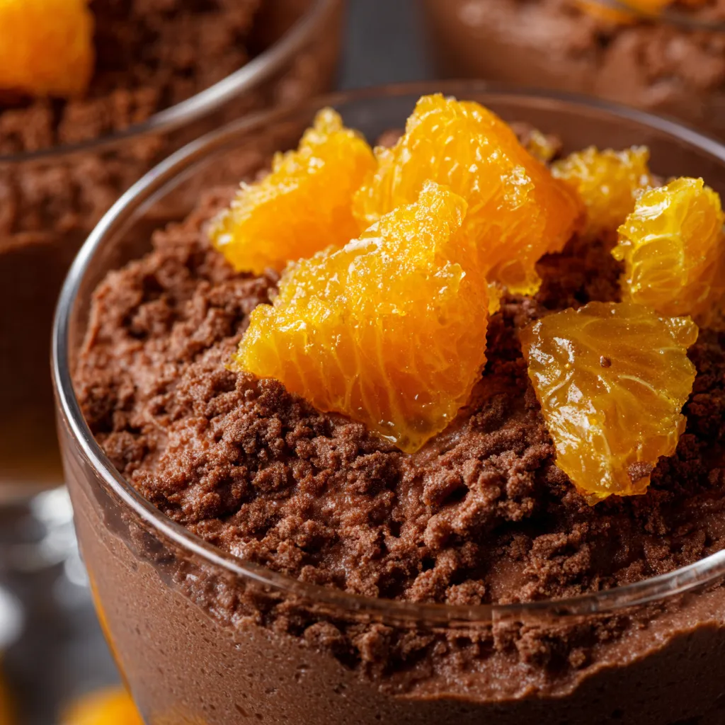 Une mousse légère au chocolat noir et clémentines confites.