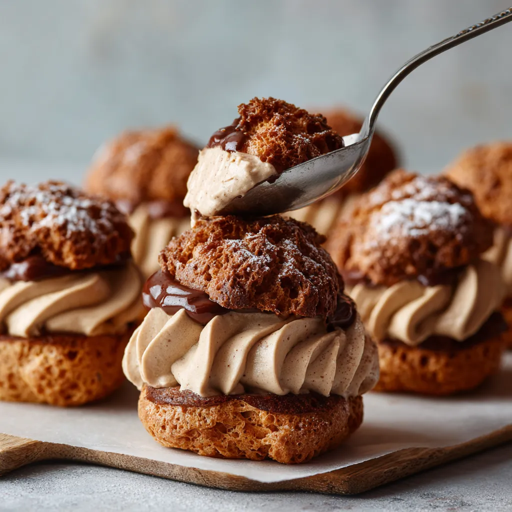 Des crêpes maison avec des crèmes de marrons et des choux craquelins.