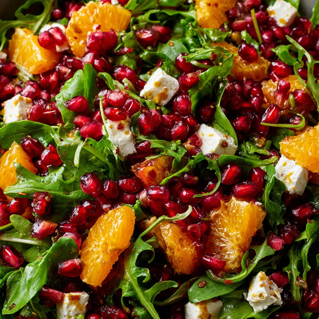 Une salade de mâche, oranges, grenade et fromage de chèvre.