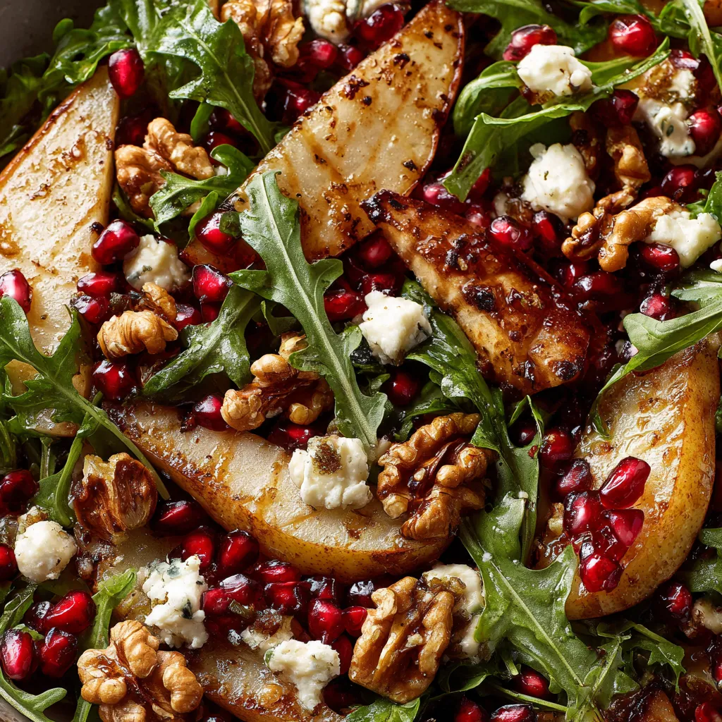Une salade de poires et de noix avec une vinaigrette à la moutarde de Dijon.