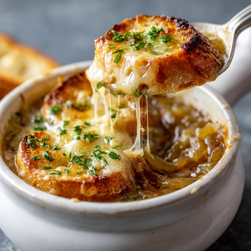 Une soupe à l'oignon gratinée facile est servie dans un bol.