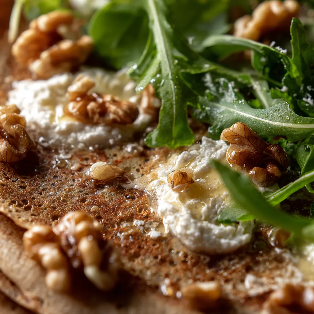 Une pizza avec des noix et des feuilles de laitue.