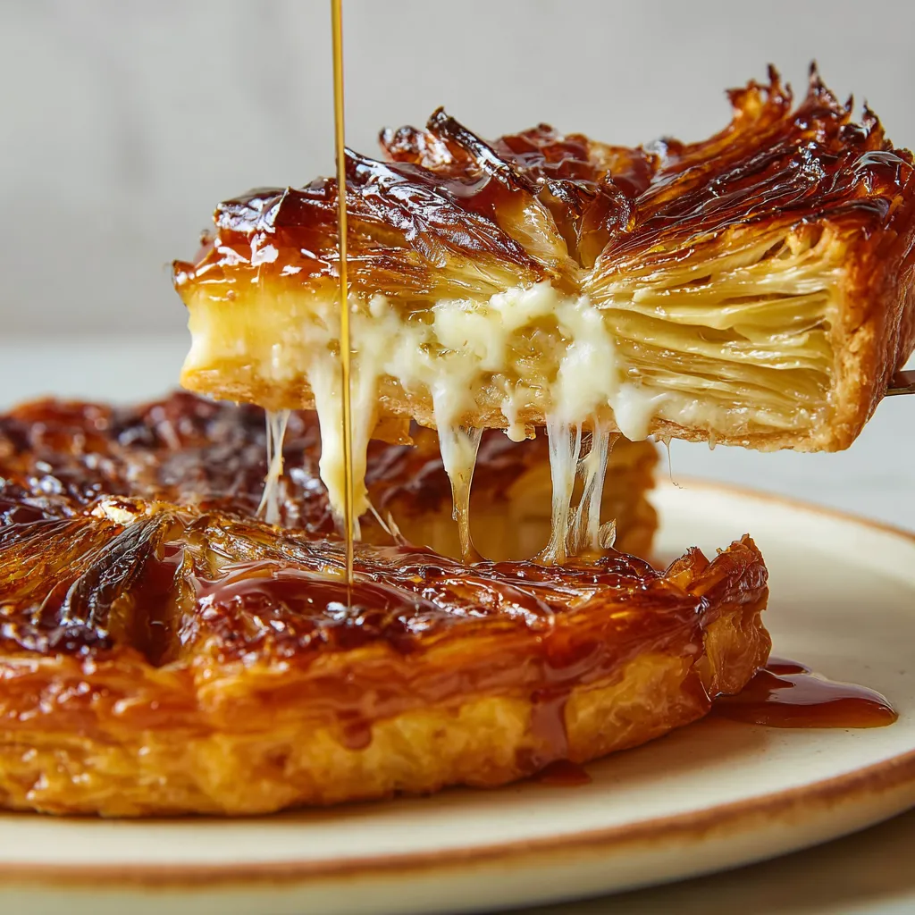 Une tarte tatin aux endives et au roquefort, avec du beurre fondu en surplomb.