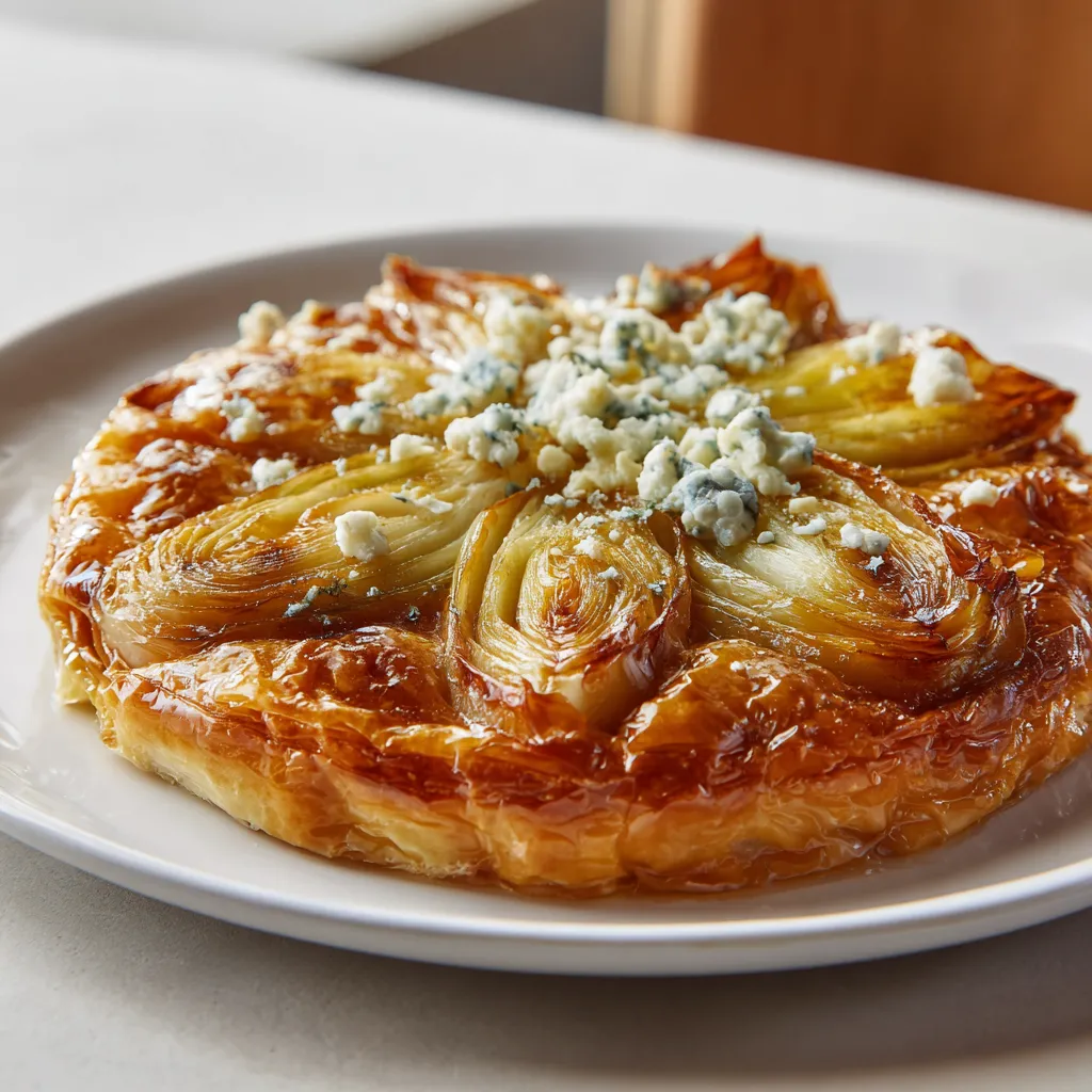Une tarte aux légumes, garnie de fromage bleu, est servie sur un plateau.