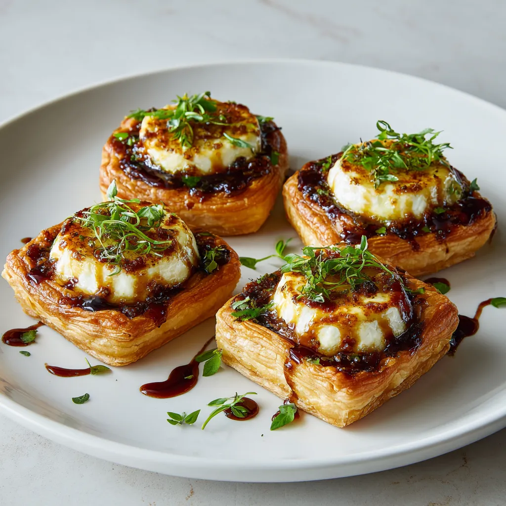 Quatre tartes garnies de sauce et de herbes sur un plateau.