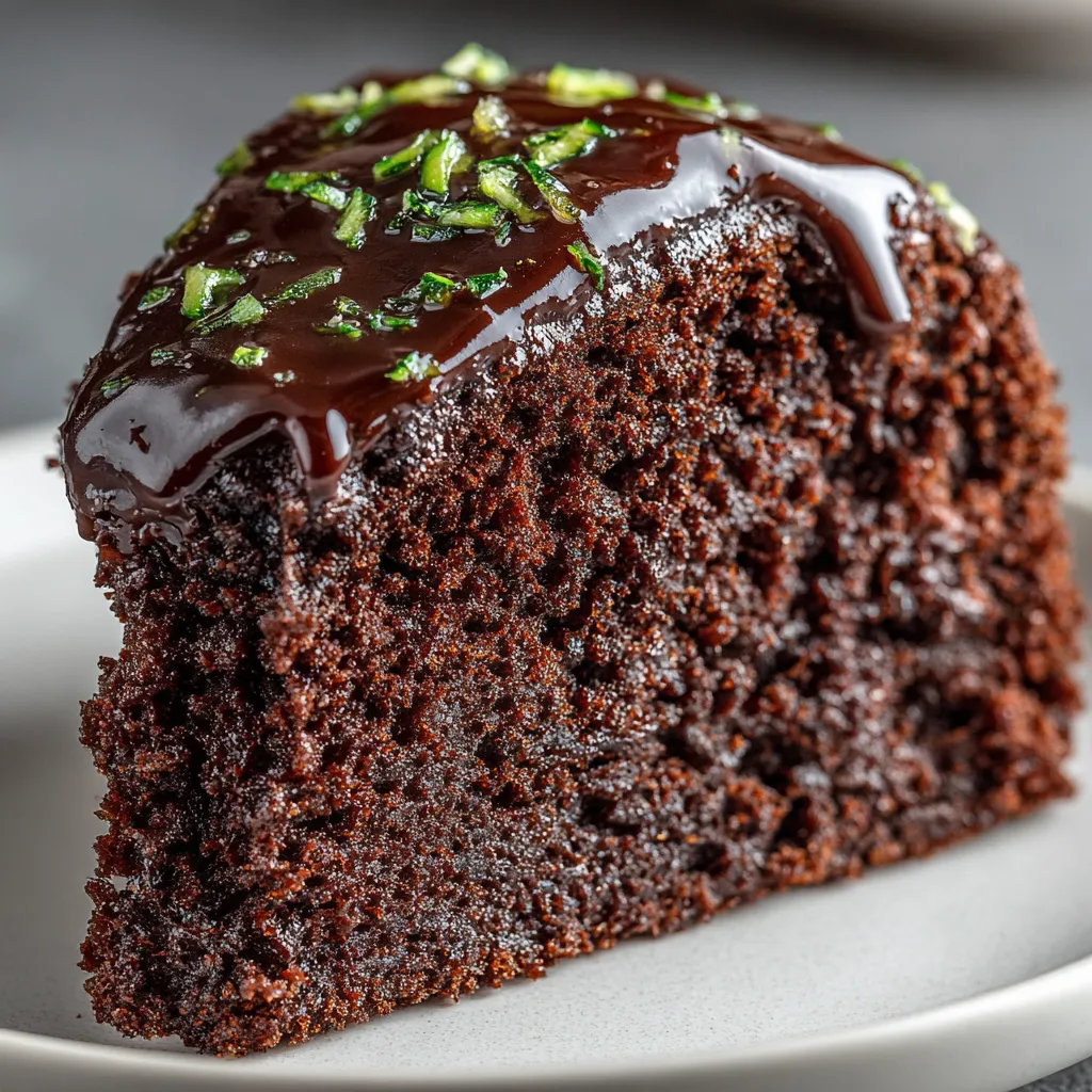 Une portion de gâteau chocolat-courgette moelleux sur un plateau.