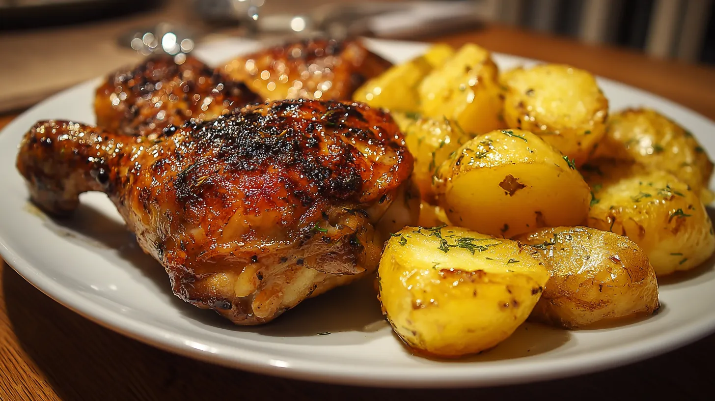 A plate of food with chicken and potatoes.