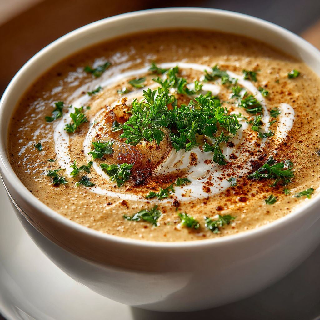 A bowl of soup with herbs on top.