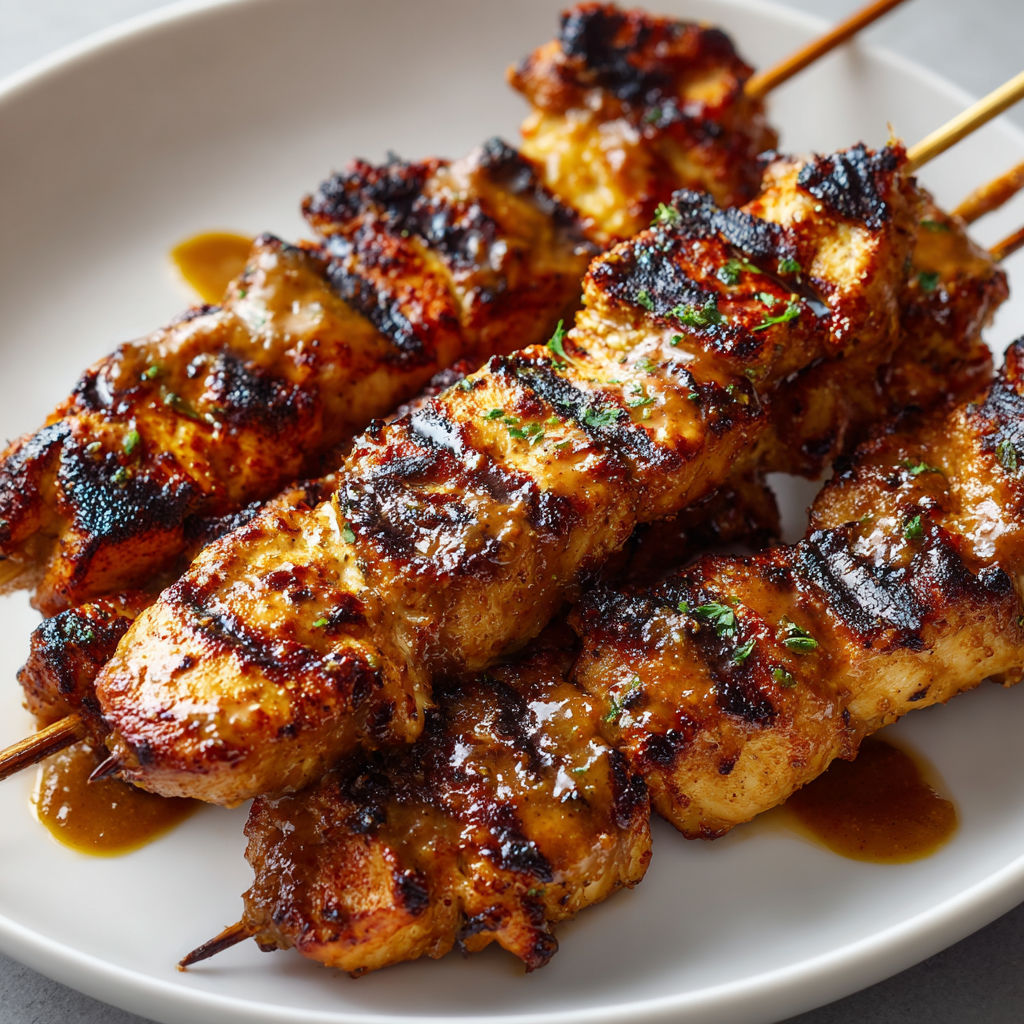 A plate of brochettes de poulet satay express.