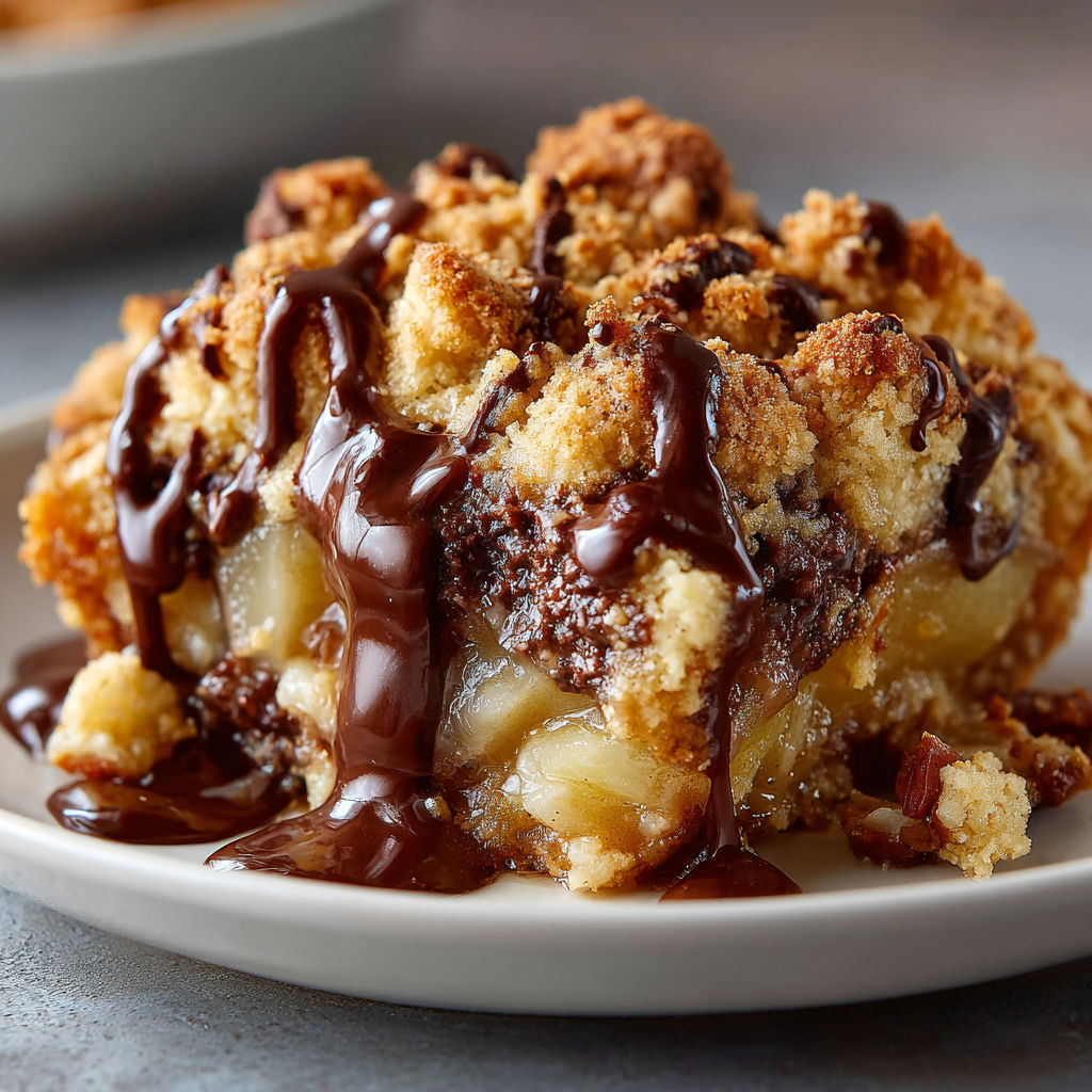A plate of food with chocolate drizzled on top.