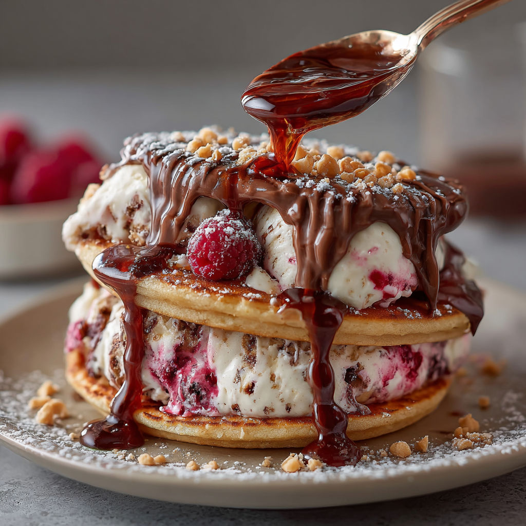 A stack of pancakes with chocolate sauce and raspberries.