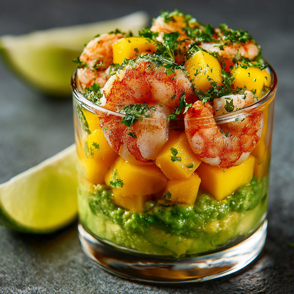 A glass of food with shrimp, avocado, and mango.
