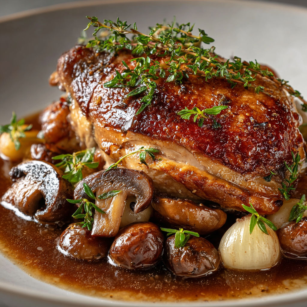 A plate of food with a chicken breast and mushrooms.