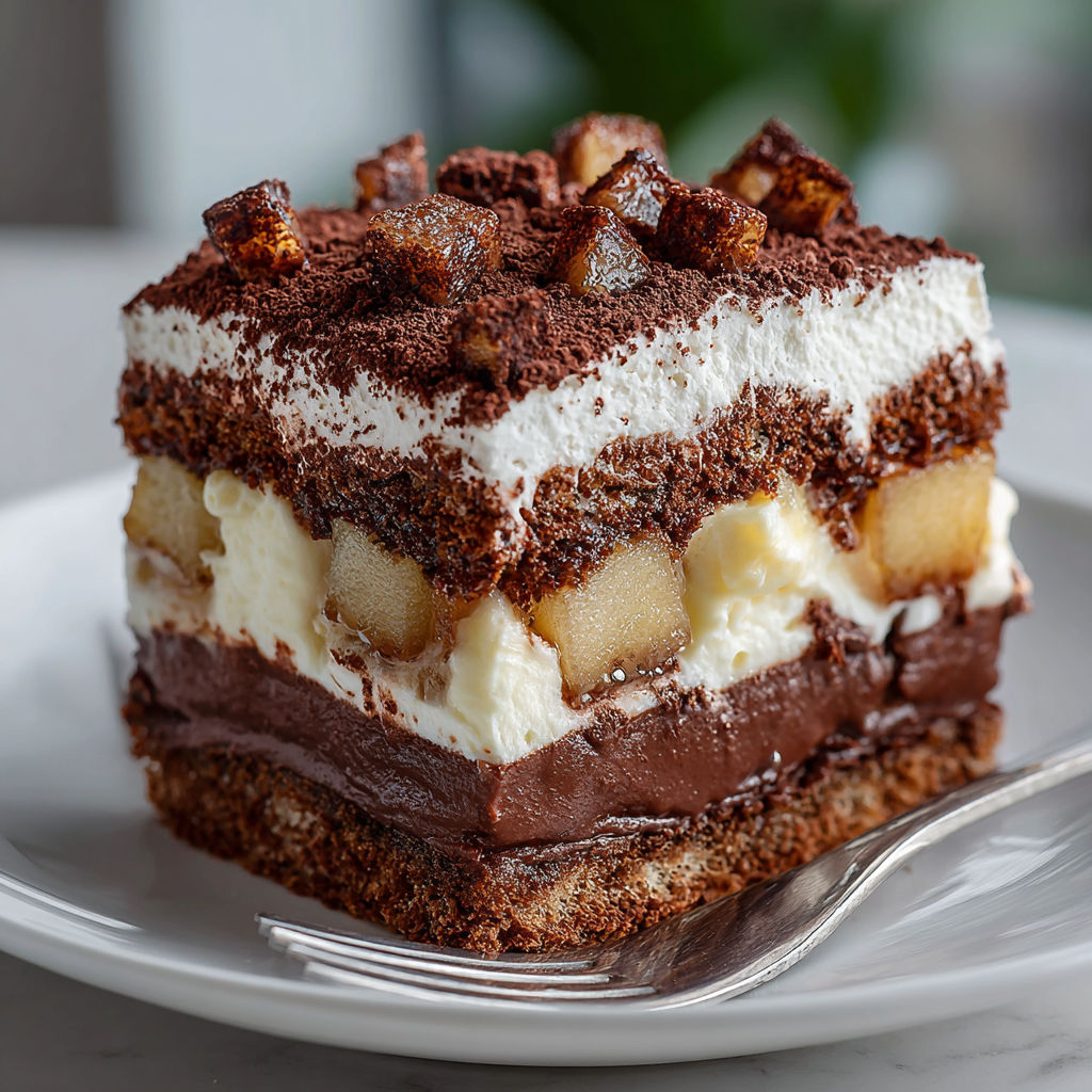 A slice of chocolate and pear dessert.