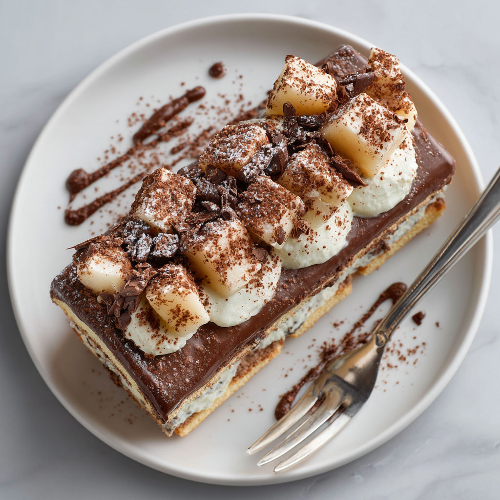 A slice of chocolate cake with chocolate drizzle and banana slices.