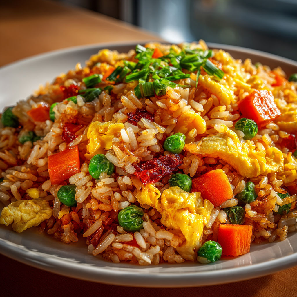 A plate of rice with vegetables and eggs.