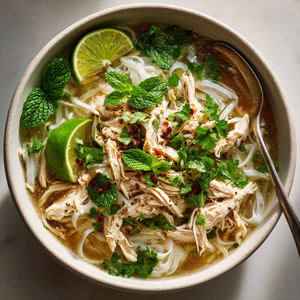 A bowl of soup with chicken, lime, and mint.