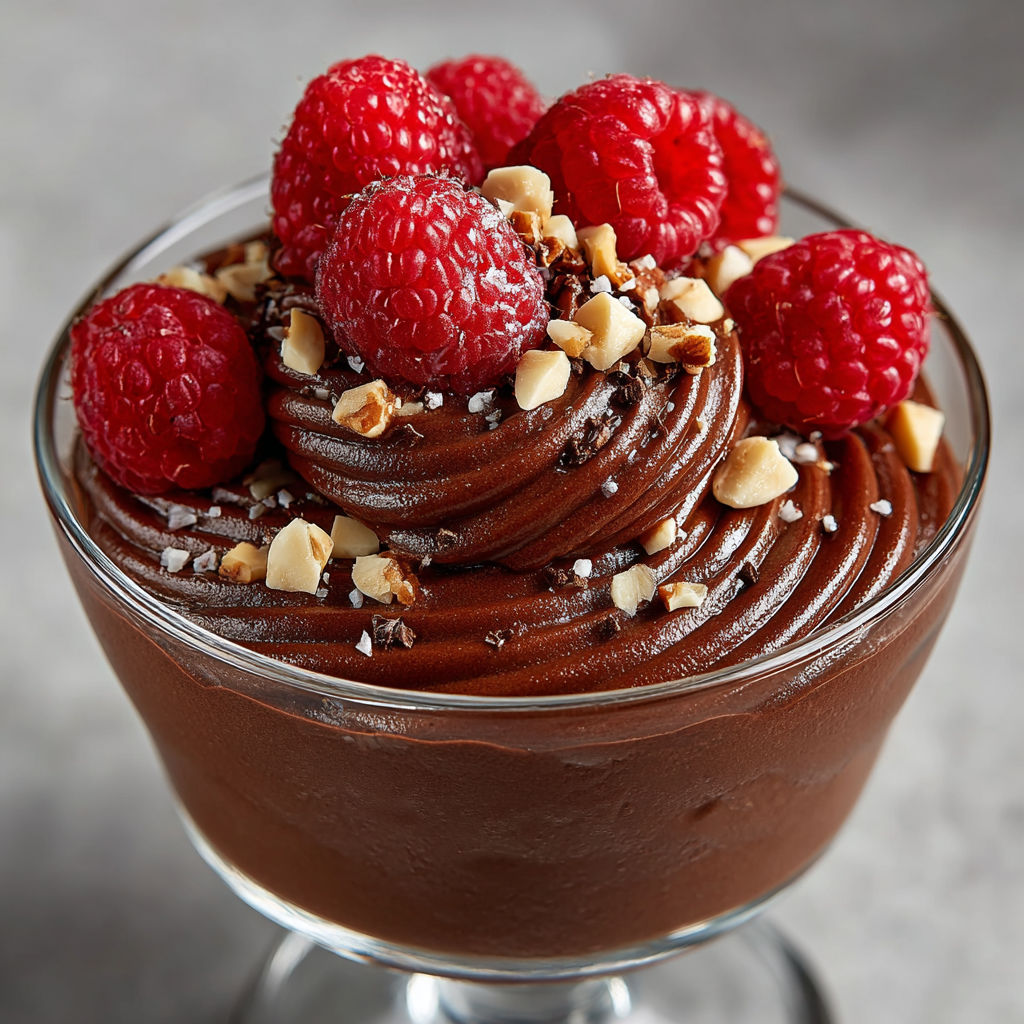 A glass of chocolate mousse with raspberries on top.