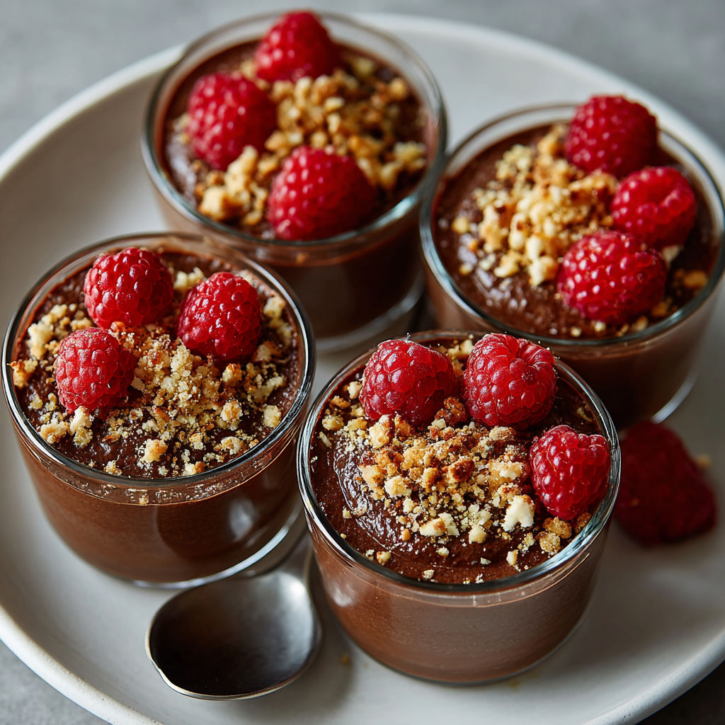 A plate of chocolate desserts with raspberries on top.