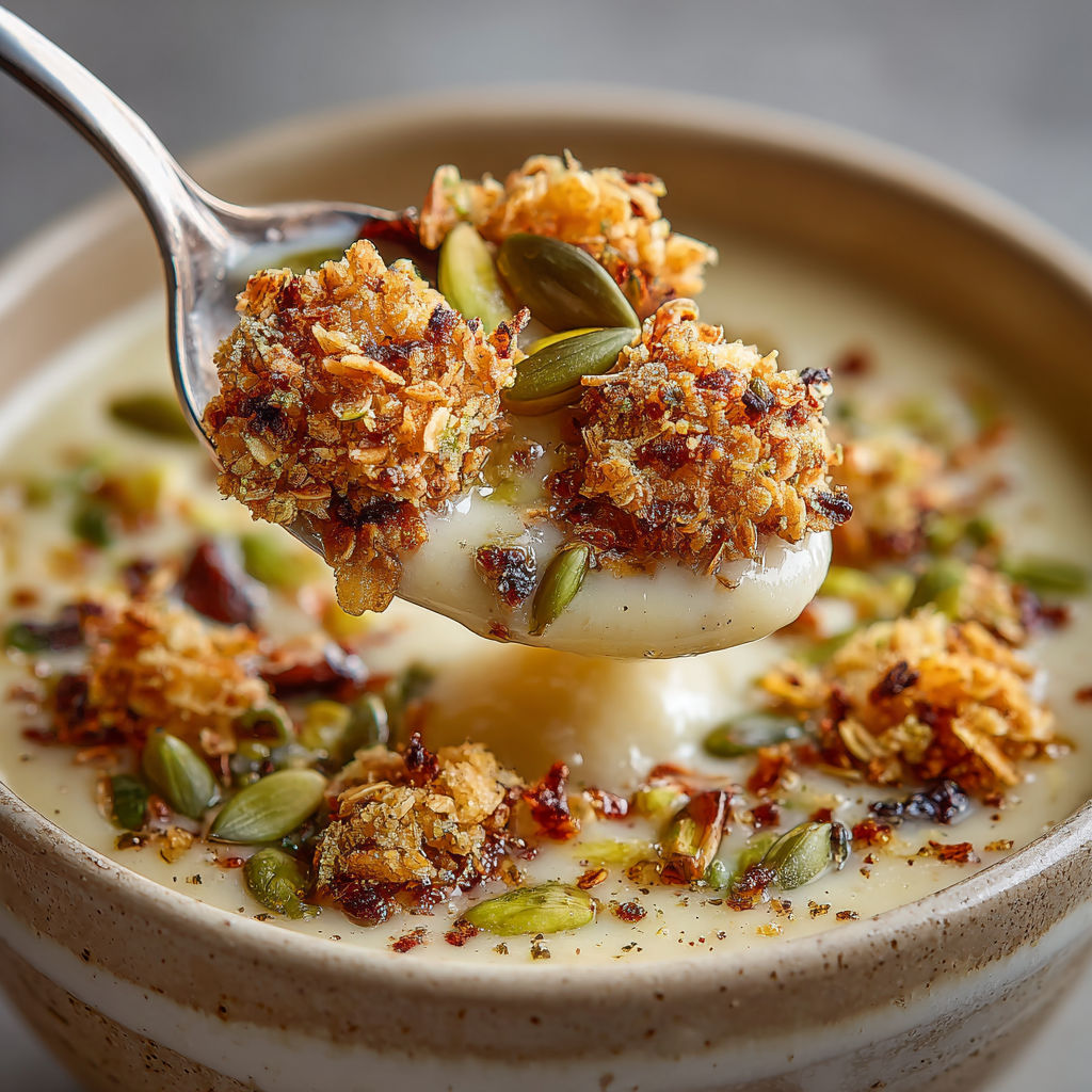 A bowl of soup with a spoon in it.