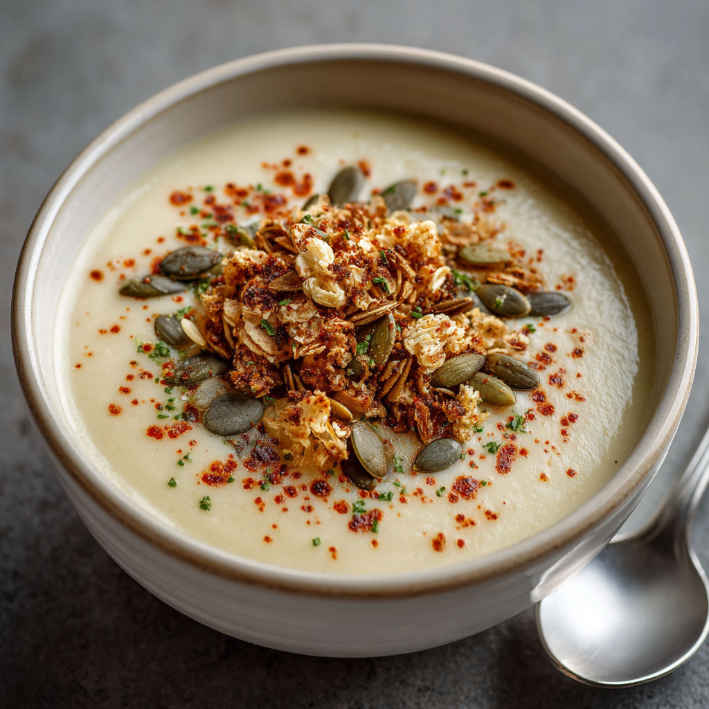 A bowl of soup with a spoon in it.