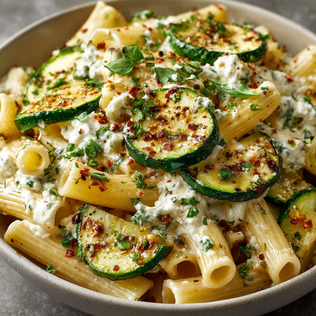 A bowl of pasta with zucchini and ricotta.
