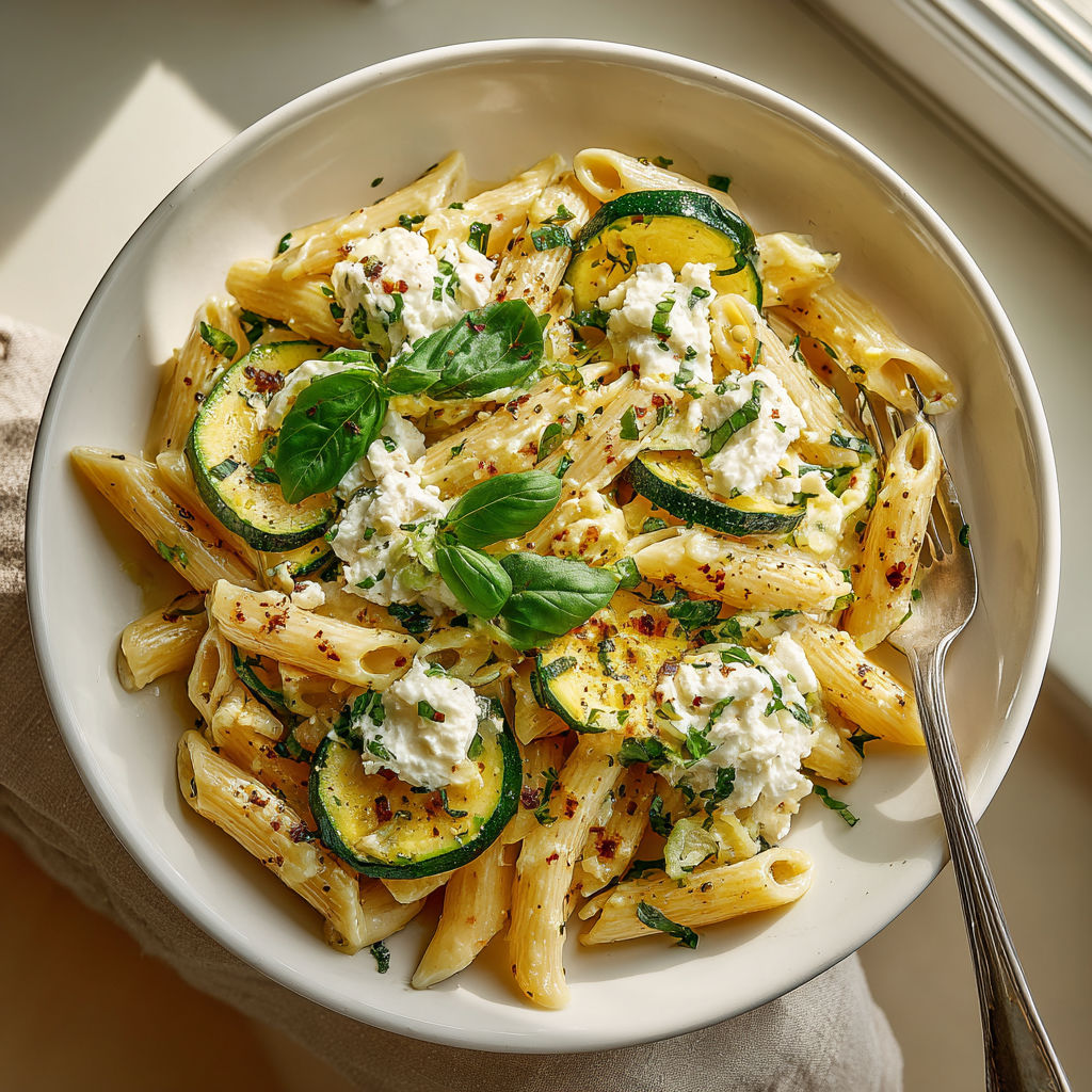 A bowl of pasta with zucchini and ricotta.