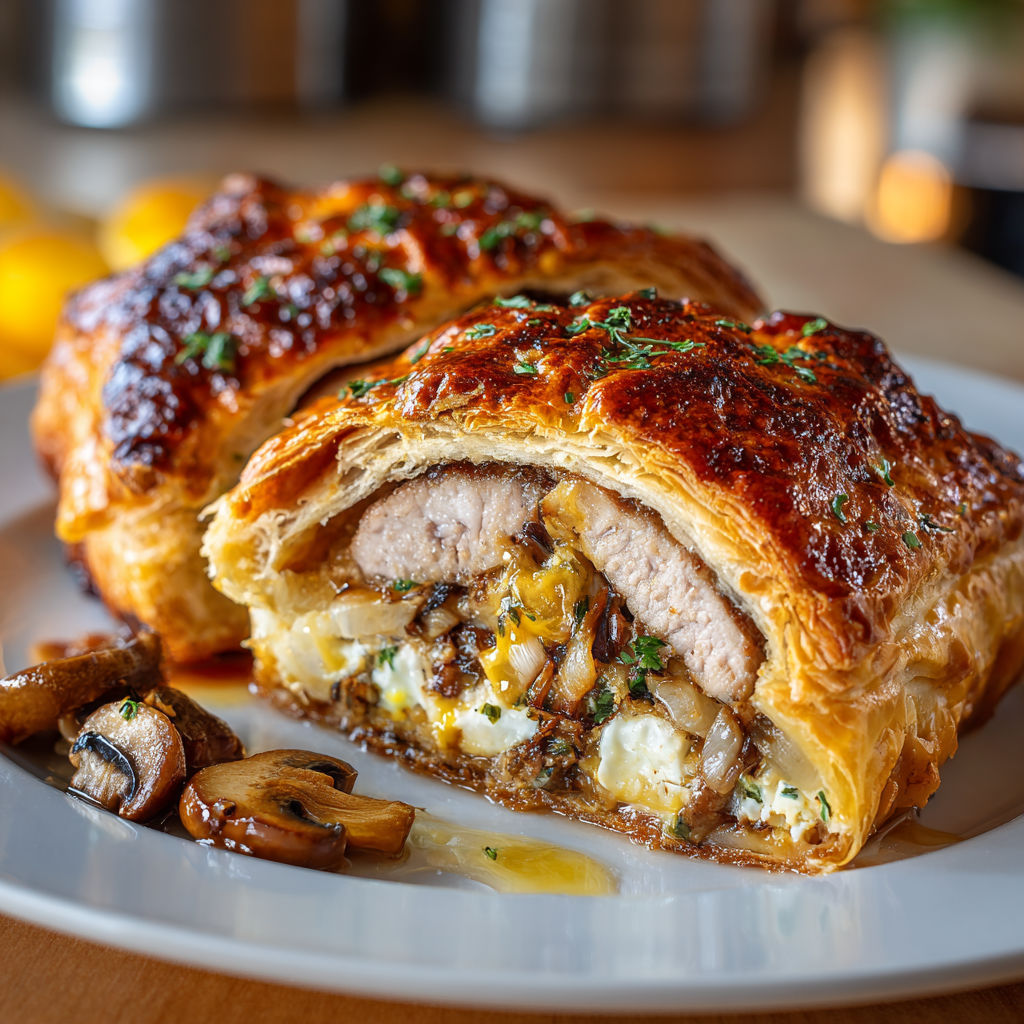 A plate of food with a filet mignon de porc en croûte simplifié.