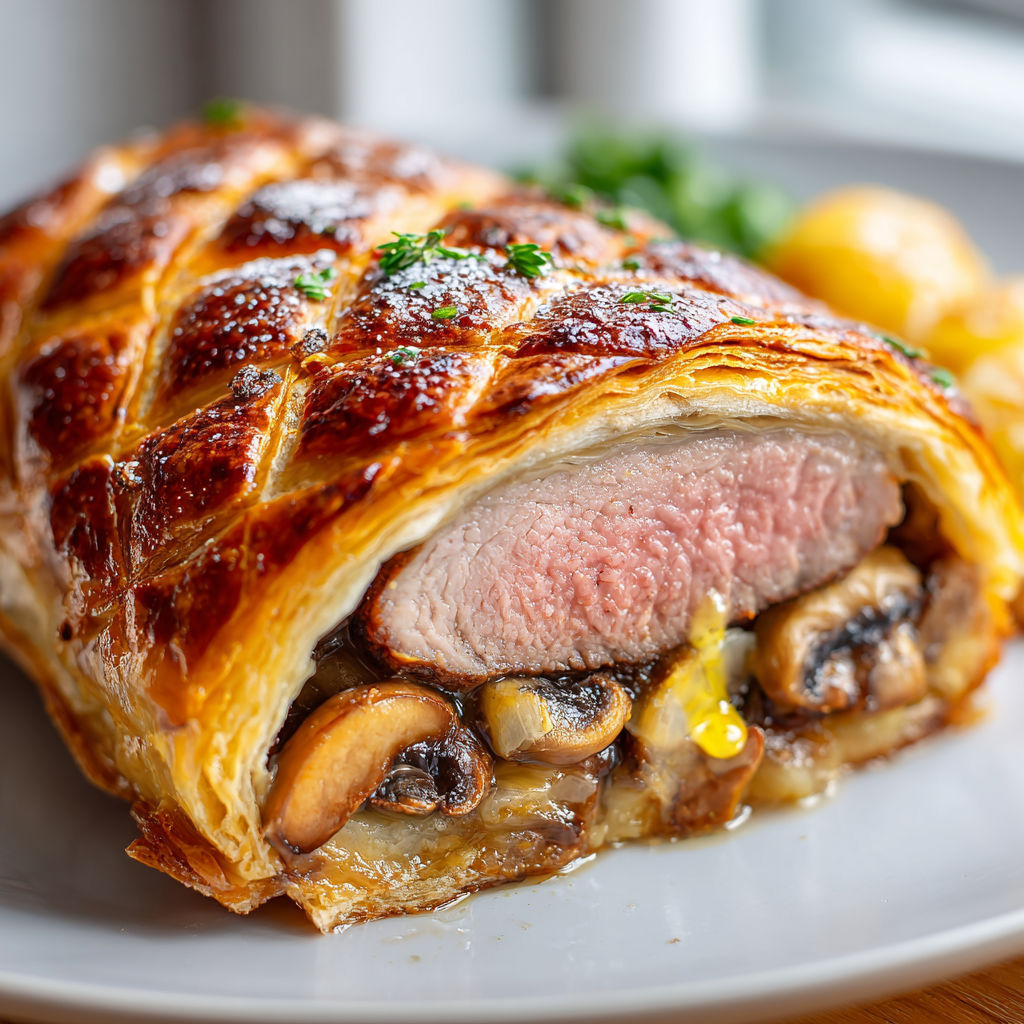 A pastry with meat and mushrooms inside.