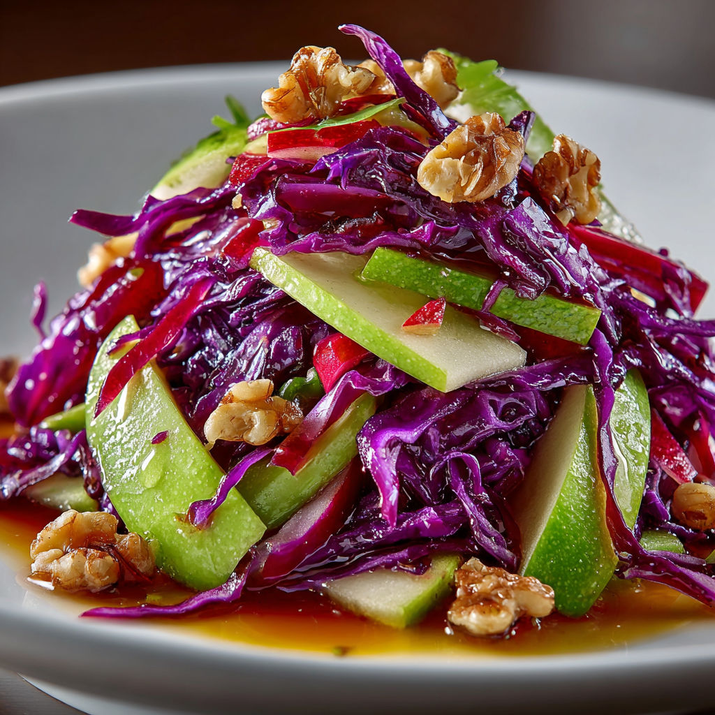 A plate of food with a salad of red cabbage and apples.