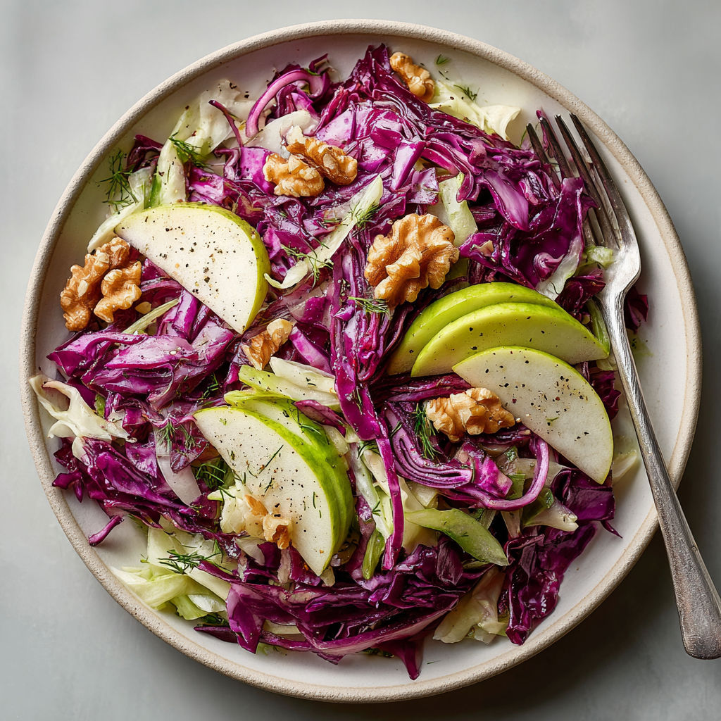 A bowl of salad with apples and cabbage.