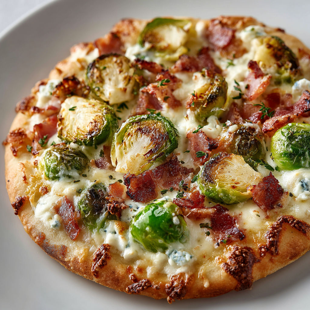 A pizza with bacon and brussels sprouts on top.