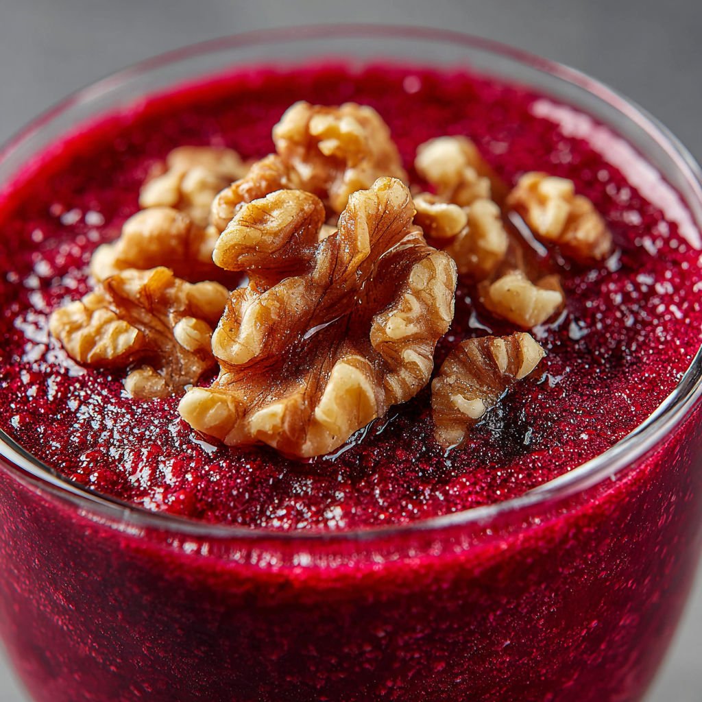 A glass of red liquid with a walnut on top.