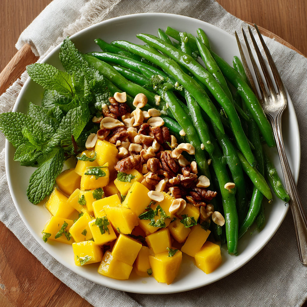 A plate of food with green beans, mango, and nuts.