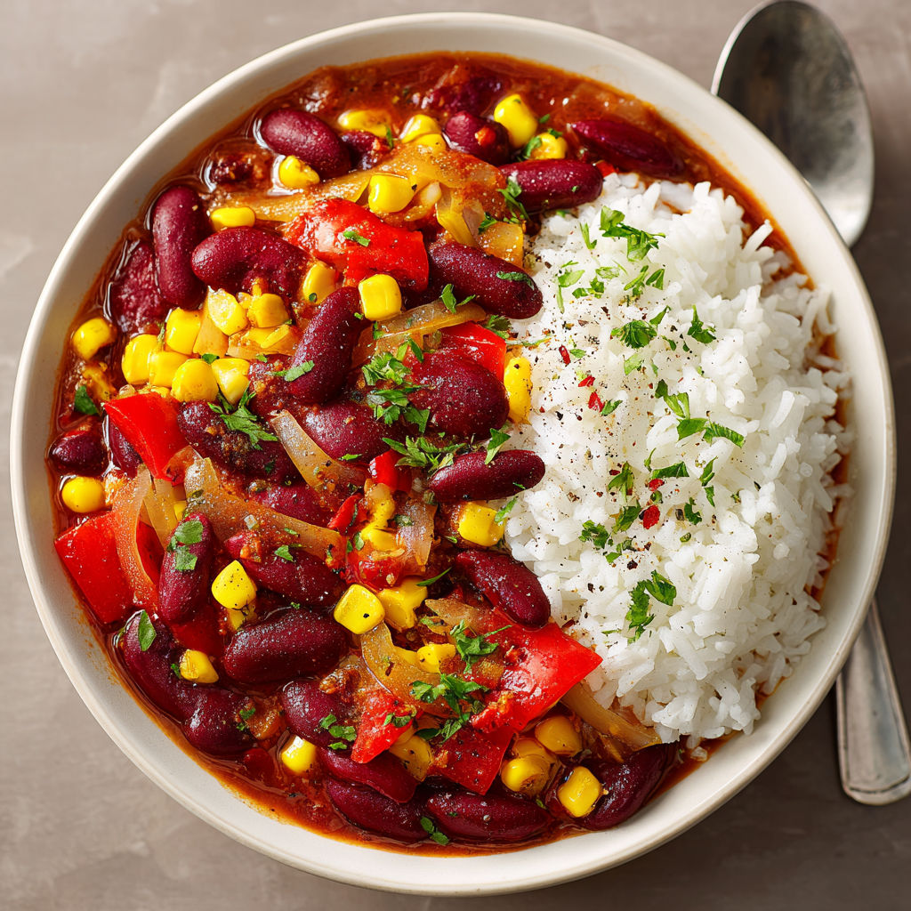 A bowl of chili con carne with rice and vegetables.