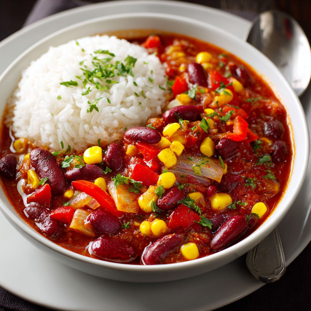 A bowl of soup with rice and beans.