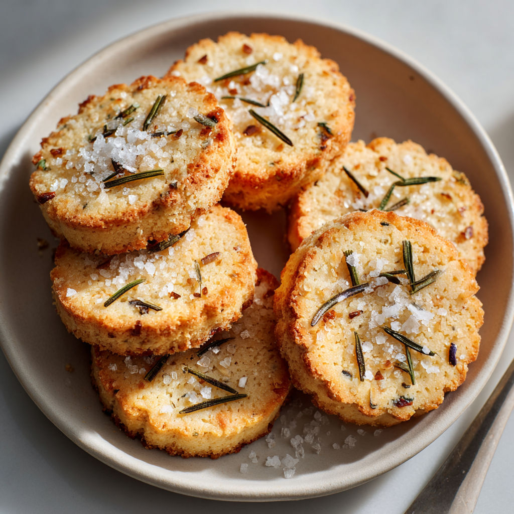 A plate of cookies with herbs on top.