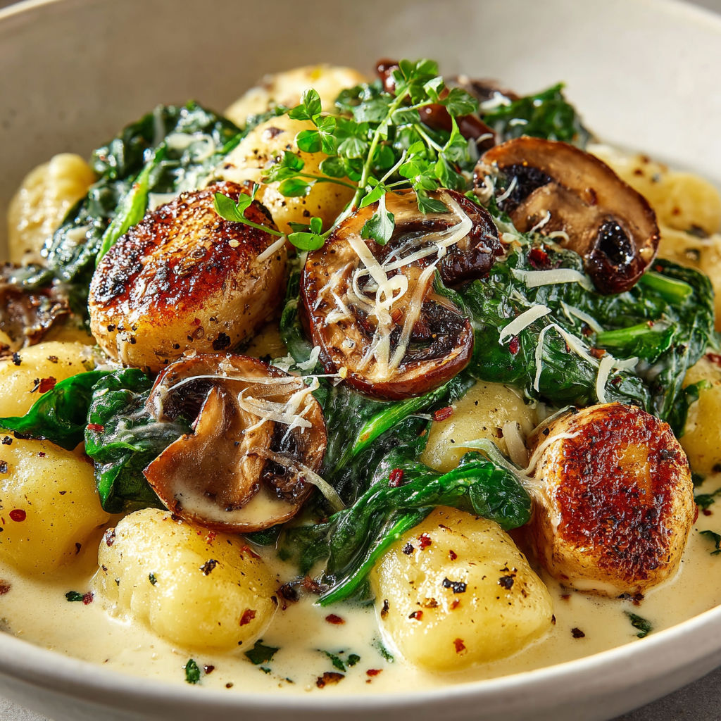 A plate of food with mushrooms and spinach.