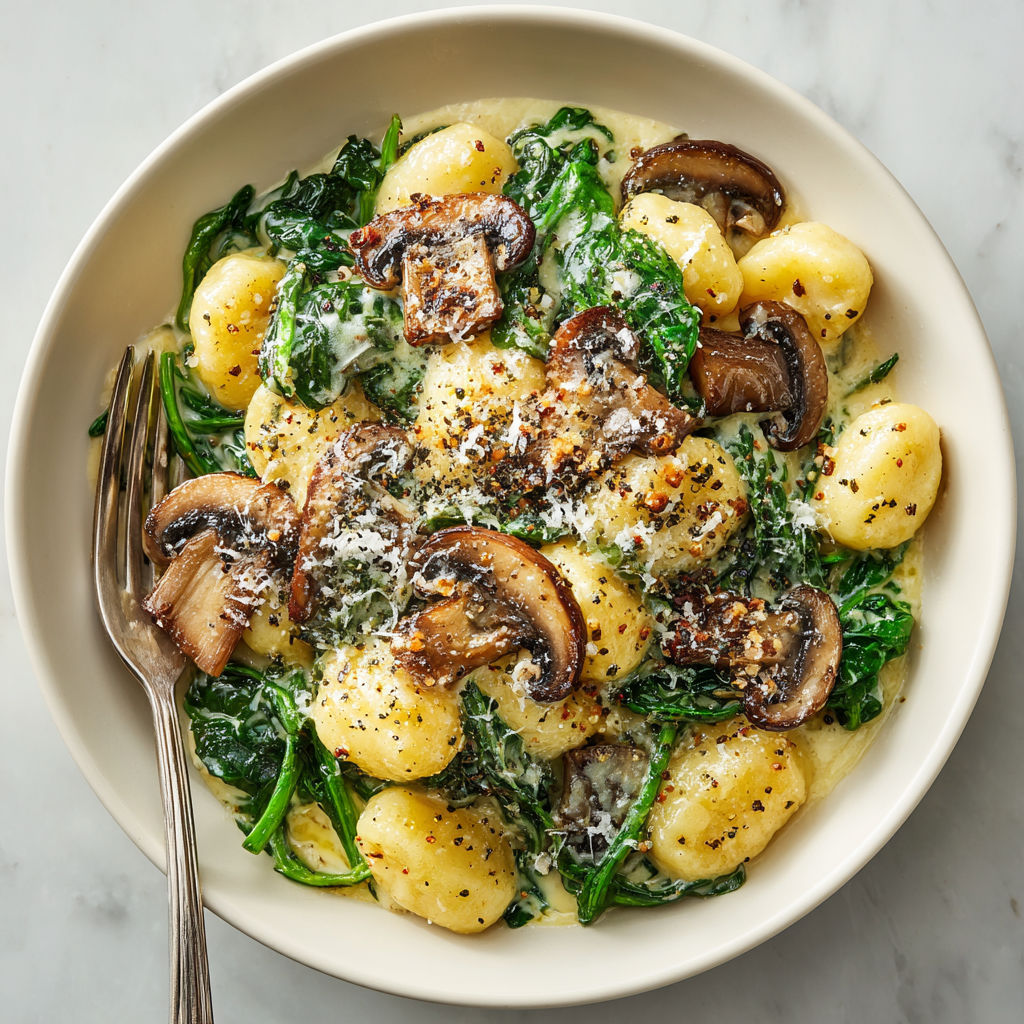 A bowl of gnocchi with mushrooms and spinach.