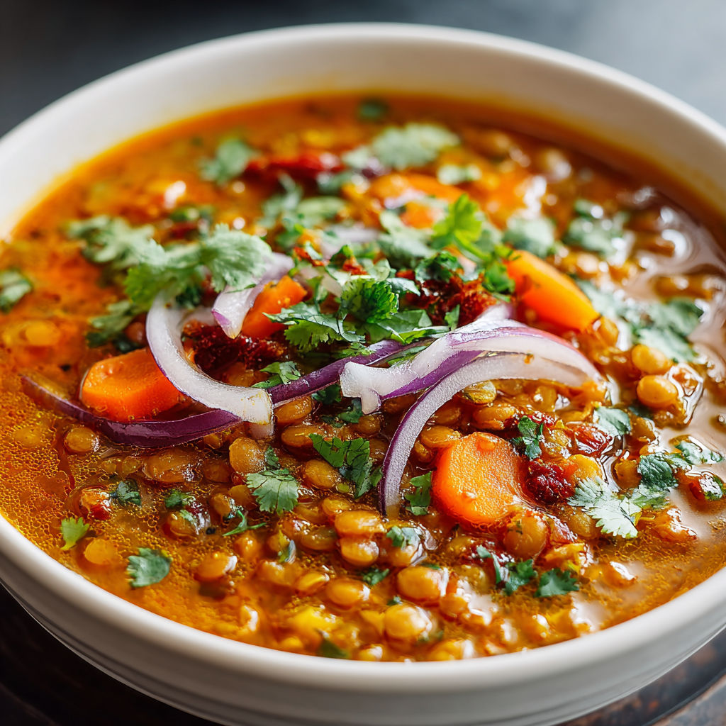 A bowl of soup with carrots and onions.