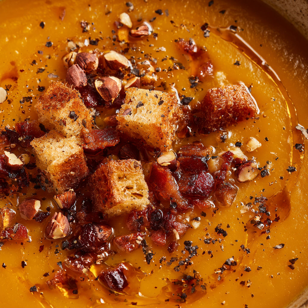 A bowl of soup with bread croutons and nuts.